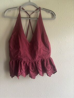 Sim & Sam Women’s Burgundy Eyelet Peplum Halter Top